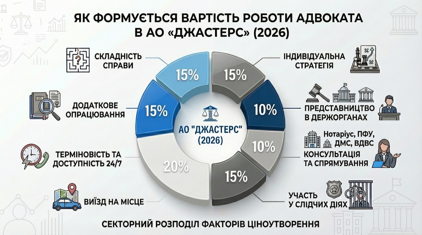 Як формується вартість роботи адвоката в АО ДЖАСТЕРС (2026) — секторний розподіл факторів ціноутворення